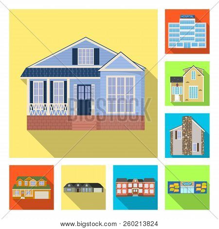 Vector Design Of Building And Front Sign. Set Of Building And Roof Stock Symbol For Web.