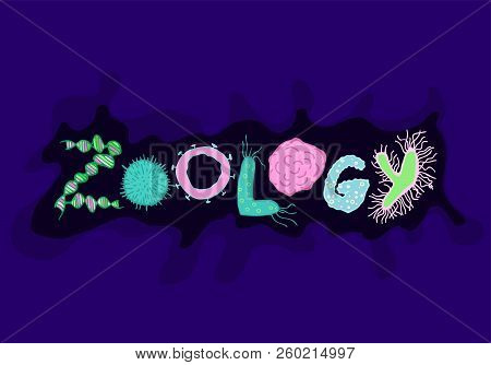 Zoological Bacteria Lettering With Microbes And Germs. Unique Hand Drawn Letters For Zoology Design.