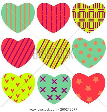 Vector Illustration. Set Of Colourful  Hearts With Ornament On White Background. Isolated.