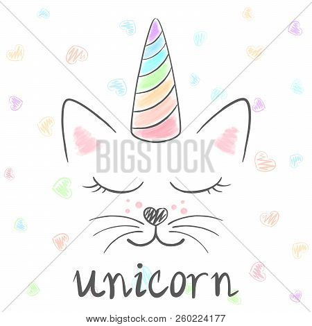 Cute Unicorn, Cat Meow Illustration. Funny Princess And Crown For Print T-shirt. Hand Drawn Style.. 