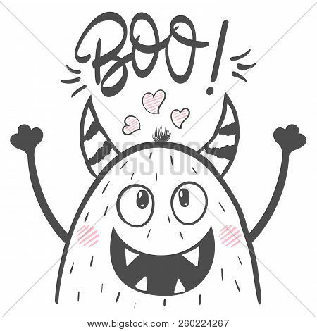Boo, Spooky Illustration. Cartoon Hand Draw Monster Character For Print T-shirt. Vector Eps 10.