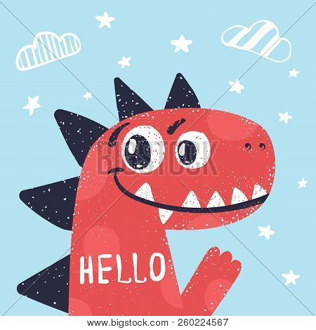 Cute Dino, Dinosaur Illustration For Print T-shirt. Hand Drawn Style. Vector Eps 10
