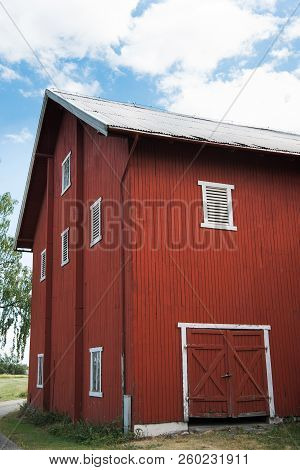 Facade Of Red Farm Building, Hamar, Hedmark, Norway