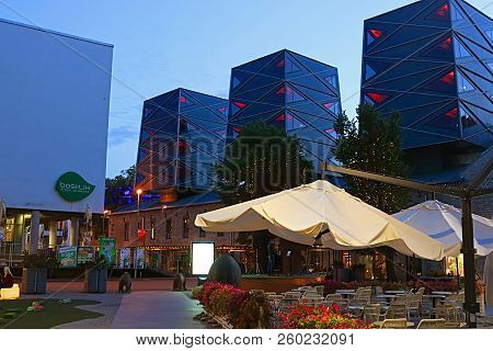 Tallinn, Estonia - August 29, 2018: Modern Architecture And Cafe In Rotermann Quarter In The Evening