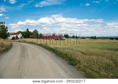 Rural Scene With Field And Houses Under Blue Sky, Hamar, Hedmark, Norway