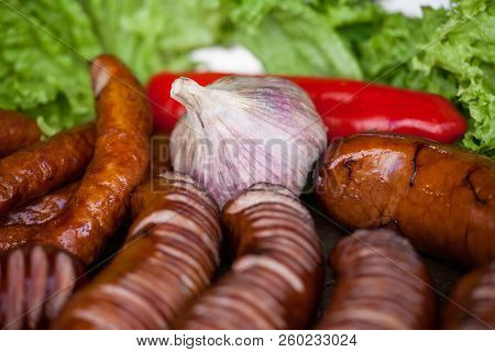 Grilled Fruit And Vegetable. Delicious Grilled Sausages. Fine Food Fair.
