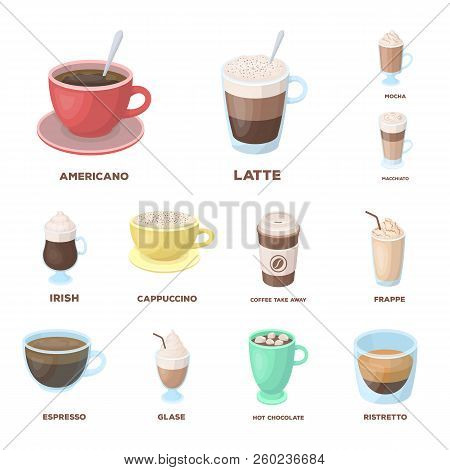 Different Kinds Of Coffee Cartoon Icons In Set Collection For Design. Coffee Drink Vector Symbol Sto
