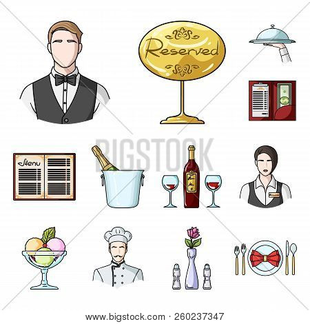 Restaurant And Bar Cartoon Icons In Set Collection For Design. Pleasure, Food And Alcohol Vector Sym