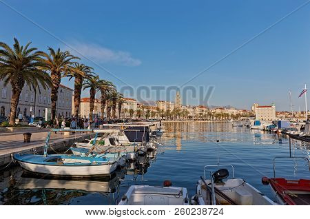 Split, Croatia - April 08 2018: Panoramic View Of The Old Historic City On A Sunny Day.