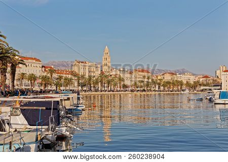 Split, Croatia - April 08 2018: Panoramic View Of The Old Historic City On A Sunny Day.