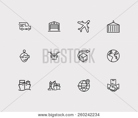 Cargo Icons Set. Logistics And Cargo Icons With Delivery Airplane, Ship Container And Drone Delivery