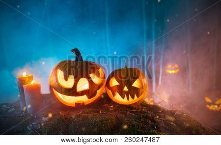 Spooky halloween pumpkins in forest. Scary halloween background with free space for text.