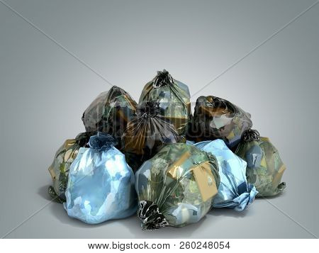 Close Up Of A Garbage Bags Stack 3d Render On Grey Background