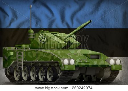 Light Tank Apc With Pixel Summer Camouflage On The Estonia Flag Background. 3d Illustration