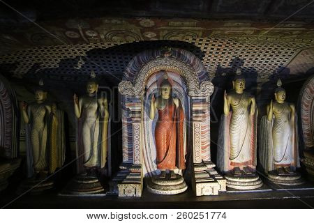 The Statues Of Buddha Around Dambulla Cave Temple In Sri Lanka
