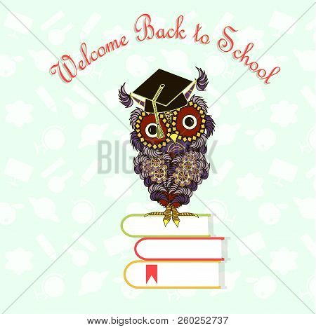 Red Lettering Welcome Back To School, Cartoons Cute Owl, Books Design Element Stock Vector Illustrat