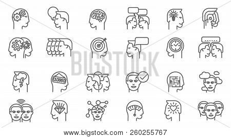 Thin Line Vector Brainstorming Business Icon Set. Flat Design Intellectual Teamwork And Creativity  