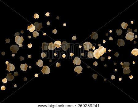 Gold Seashells Vector, Golden Pearl Bivalved Mollusks. Underwater Scallop, Bivalve Pearl Shell, Mari