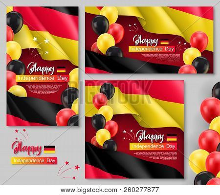 Happy Germany Independence Day Posters. Patriotic Collection With Realistic Germany Fabric Flag And 