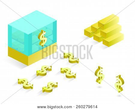 Business And Financial Icons In Isometric, Icons In Isometric Coins, Dollars Financial. Gold Bars Il