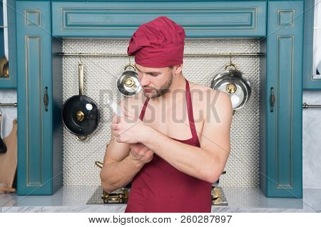 Chef Choose Professional Tools. Kitchen Utensils And Tools. Chef Hold Knife Tool Ready To Cook. Man 