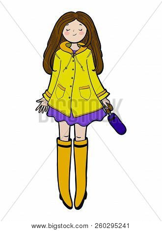 Young Woman In A Yellow Slicker Is Enjoying Autumn Weather. Vector Illustration.