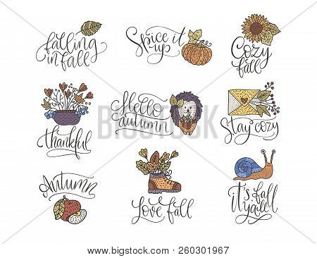 Cozy Fall Vector Lettering Set. Hand Drawn Autumn Quotes With Hand Drawn Cartoon Doodle Illustration