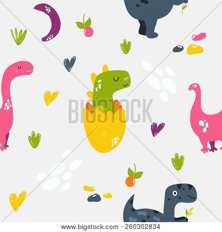 Brigt Seamless Pattern With Cute Hand Drawn Dinos Trex And Diplodocus