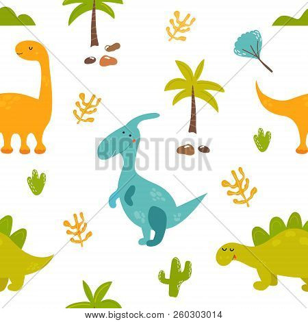 Brigt Seamless Pattern With Cute Hand Drawn Dinos Diplodocus, Stegosaurus, Parasaurolophs
