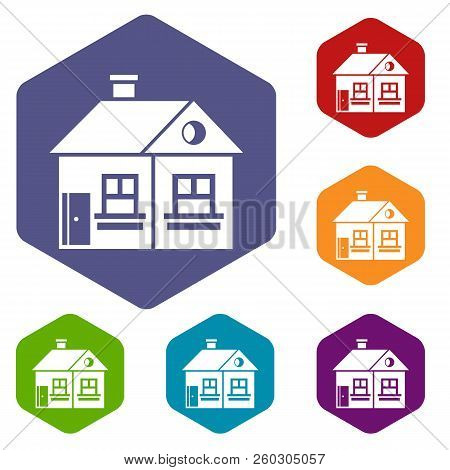 Large Single-storey House Icons Set Rhombus In Different Colors Isolated On White Background