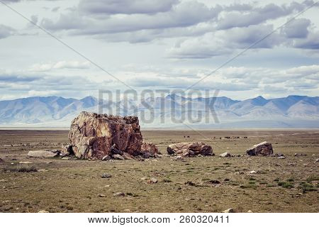 Tarkhatinsky Megalithic Complex. Steppe And Blue Mountains On The Horizon. Altai Russia