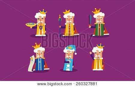 Flat Vector Set Of Funny Cartoon King In Different Actions. Ruler Of The Kingdom. Elements For Child