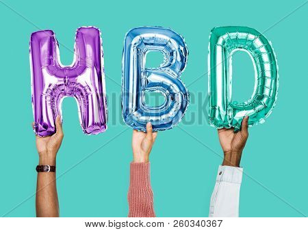 Colorful alphabet balloons forming the word HBD