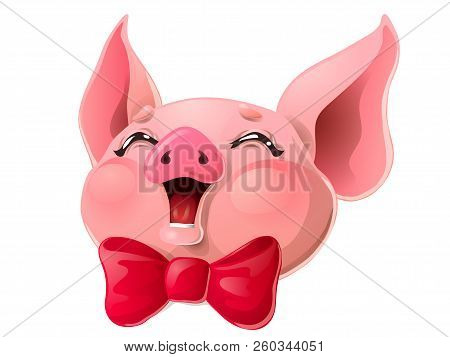 Joyful Pink Pig Head And Red Bow On White