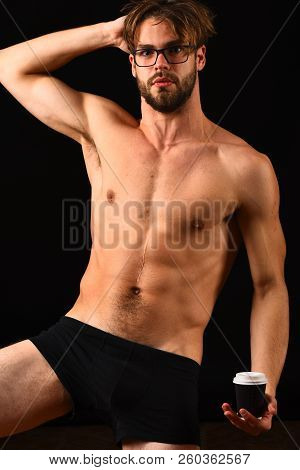 Man Sexy Muscular Torso Offer Cup Of Coffee In Morning. Lover Bring Or Deliver Paper Cup. Macho Attr