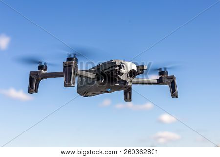 26th October 2018 - Kiev, Ukraine: New 2018 Parrot Anafi Drone Flying Against Blue Clear Sky On Back