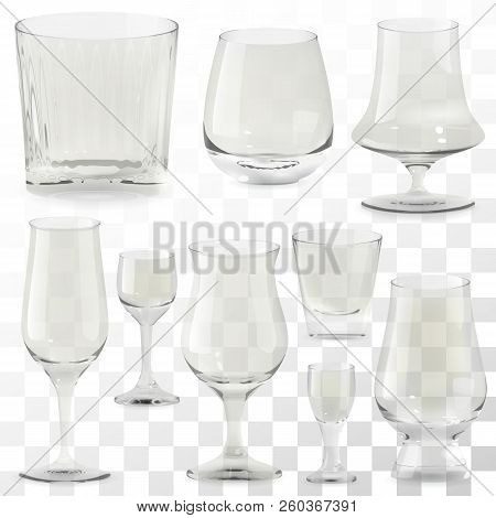 Set Of Vector Realistic Transparent Whiskey Glasses. Alcohol Drink Glass Icons Illustration