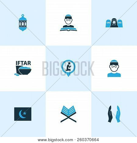 Ramadan Icons Colored Set With Koran, Dua, Mussulmans And Other Bowl Elements. Isolated Vector Illus