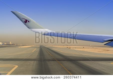 Doha, Qatar -04 August 2018- Airplanes From Qatar Airways Qr Are Lined Up At The Hamad International