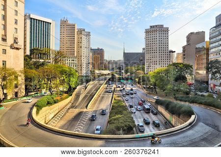 Sao Paulo, Brazil - October 6, 2014: Traffic In Downtown Sao Paulo. With 21.2 Million People Sao Pau