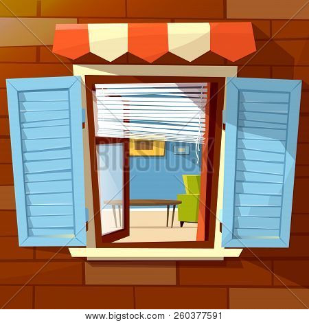 House Facade Open Window Illustration Of Window With Open Wooden Shutters And Room Interior View Ins