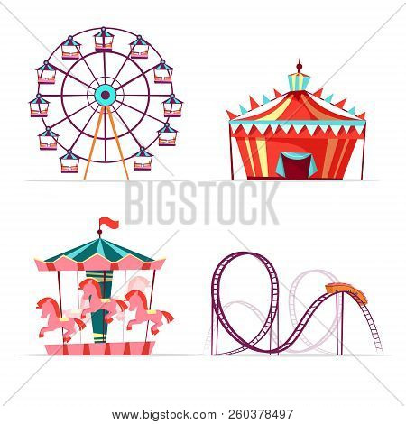 Cartoon Amusement Park Attractions Set. Ferris Wheel, Merry Go Round Horse Carousel, Roller Coaster 