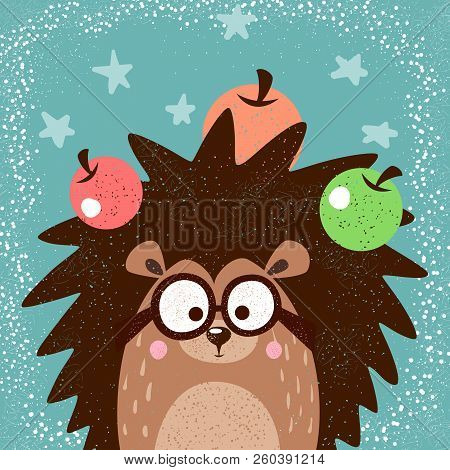 Cartoon Funny Hedgehog Illustration For Print T-shirt. Vector Eps 10