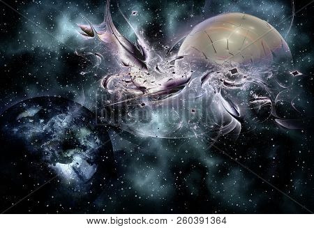 Abstract Representation Of The Universe And Stellar Galaxies With Planets And Space Objects.