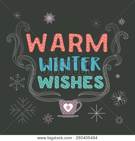 Christmas Holiday Decoration. Colorful Playful Cartoon. Doodle Showflake. Fancy Festive Lettering Wi
