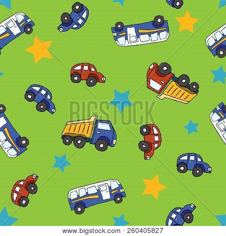 Seamless Pattern Of Land Transport On A Green Background With Colorful Stars. Illustration For Texti
