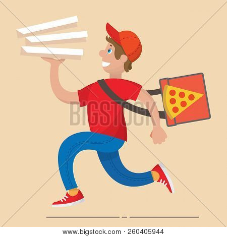 Funny Pizza Delivery Boy Running With Cardboard Box Of Pizza And Red Bag. Vector Illustration Of A F