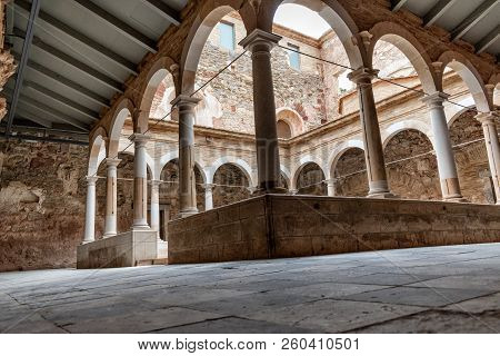 Lower Cloister Of The Carthusian Monastery Of Escaladei, Founded In The 12th Century. Located In Cat