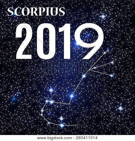 Symbol: Scorpius Zodiac Sign With The New Year And Christmas 2019. Vector Illustration