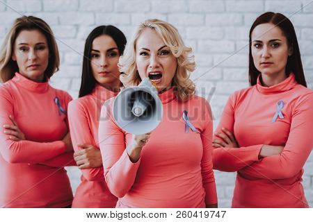Beeauty Woman Screams In Horn. Support And Help People With Cancer. Lady And Friends. Health Friends